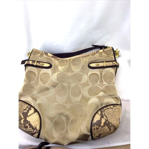 Coach Colette Signature Beige Sateen Python Leather Hobo Bag Size 13X13 - Picture 6 of 12